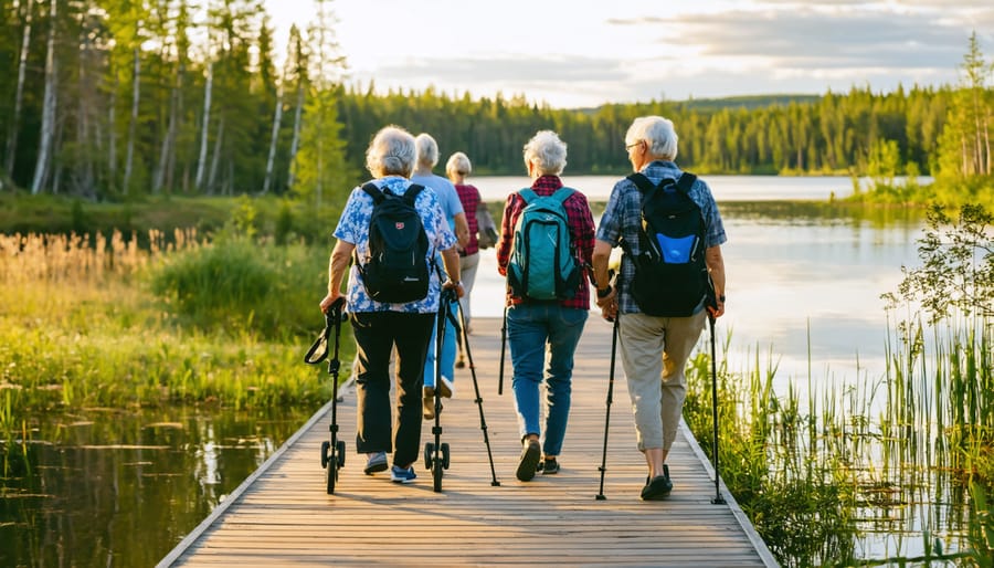 Diverse group of seniors, including a woman using a rollator and a man with trekking poles, walking on an accessible wooden boardwalk beside a lake in an Ontario provincial park at golden hour, with pines, birch, and granite shoreline softly blurred in the background.