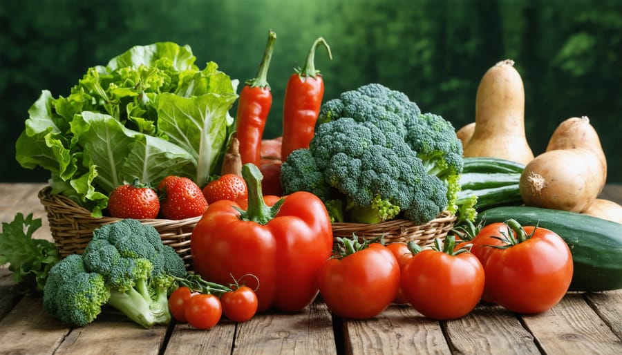 Colorful arrangement of fresh organic vegetables on a rustic wooden farm table