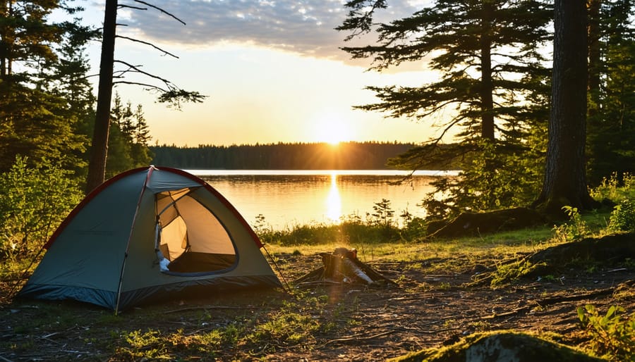 Scenic lakeside campsite with tent under pine trees at sunset