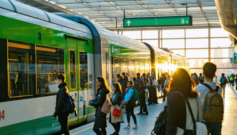 "GO Transit terminal with passengers and a train set for departure during golden hour, emphasizing sustainable travel in Ontario."