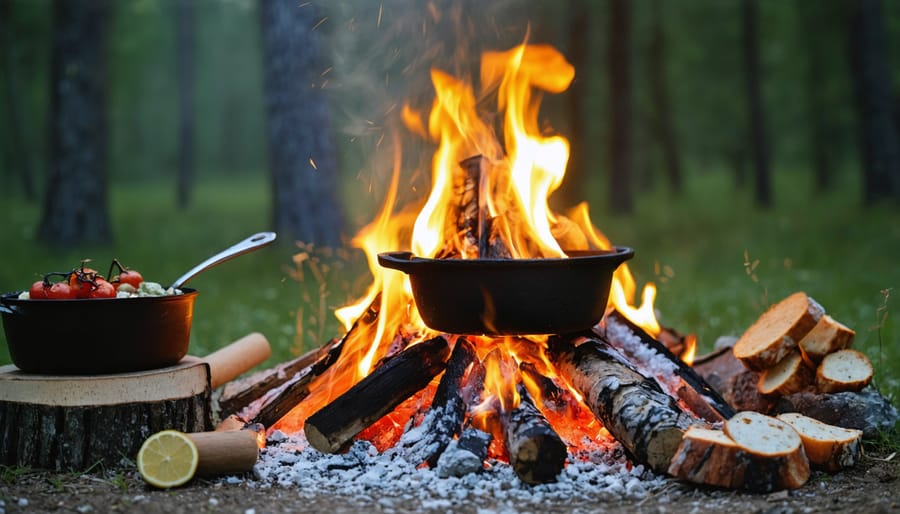 Open campfire with cast iron pots, pans, and cooking tools arranged around it