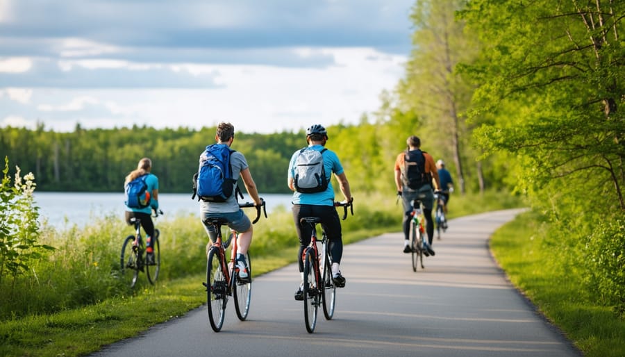 Group of cyclists riding on forest trail in park setting