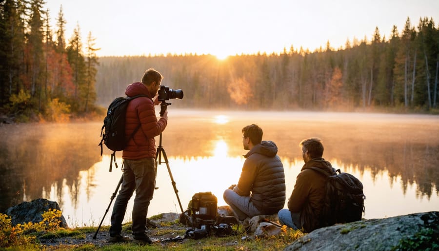 Photography workshop instructor demonstrating camera techniques to students at sunrise in Algonquin Park