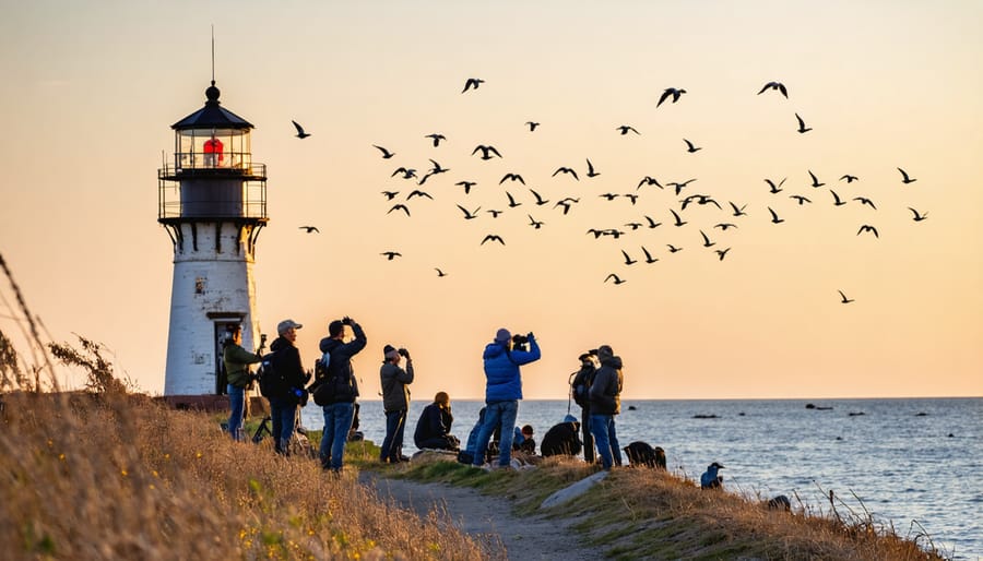 Silhouettes of people birdwatching near Presqu'ile lighthouse with Lake Ontario in background