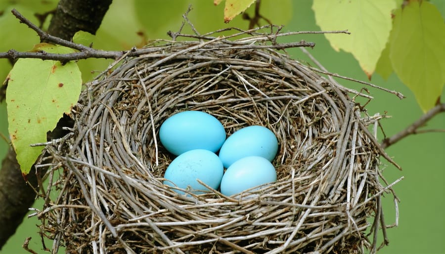 Close-up view of American Robin's nest containing four bright blue eggs