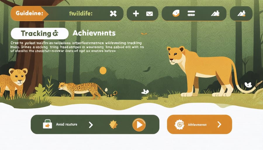 Mobile app interface displaying wildlife tracking map and achievement badges