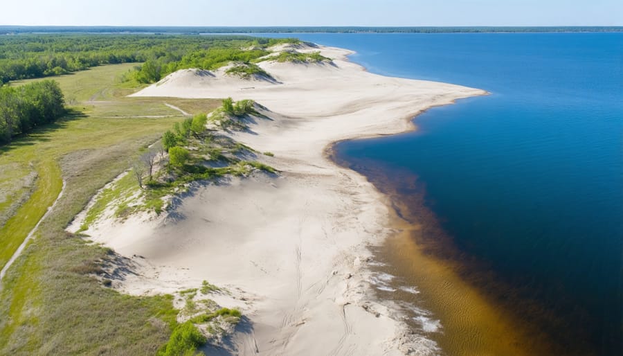 Sweeping aerial photograph of Sandbanks Provincial Park's sand dunes and beach alongside Lake Ontario