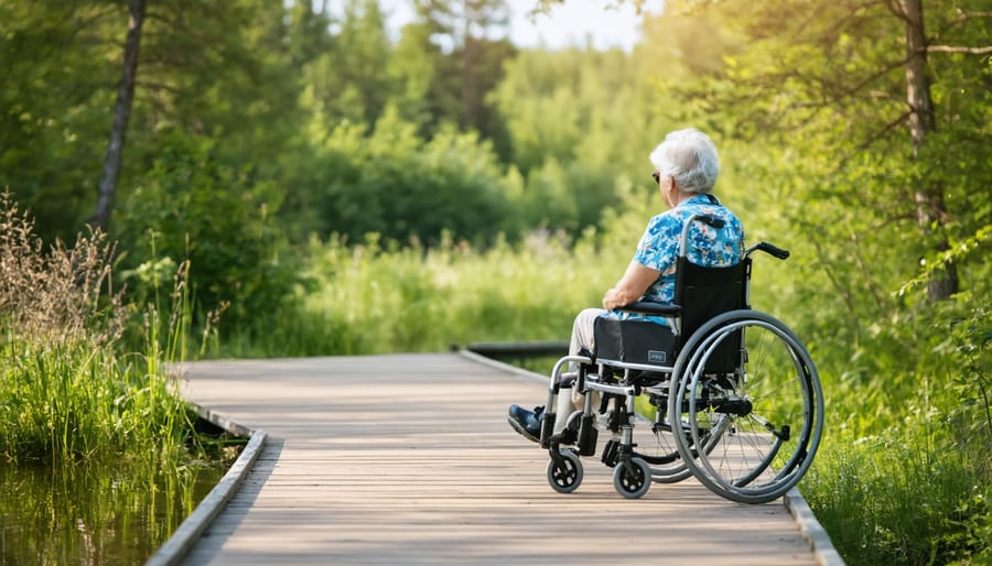 Senior woman walking on accessible wooden boardwalk trail through green forest in Ontario park
