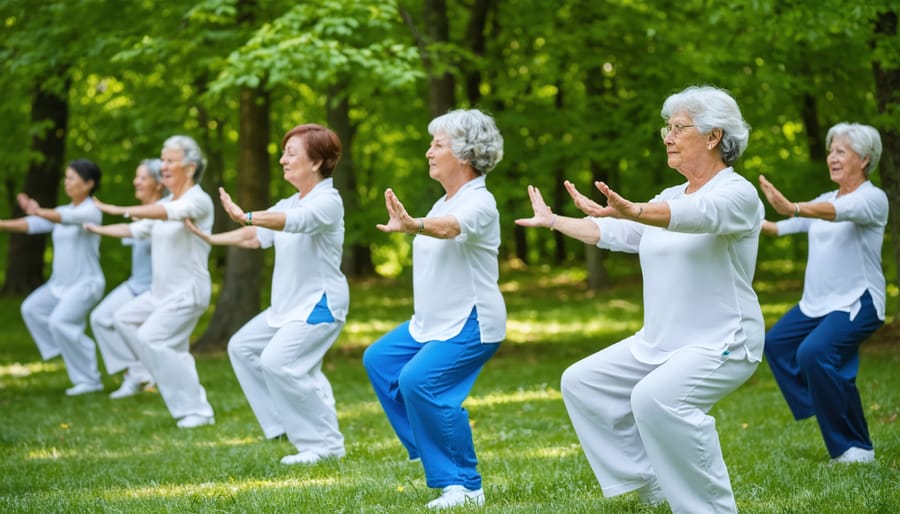 Group of seniors practicing tai chi outdoors beside lake in provincial park setting