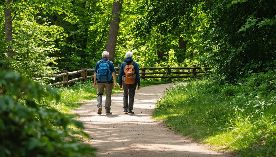 Senior couple reviewing trail map while sitting on bench at scenic Ontario park overlook