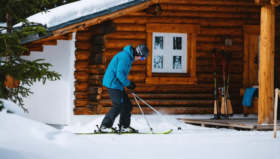 Cross-country skier preparing equipment outside snow-covered cabin