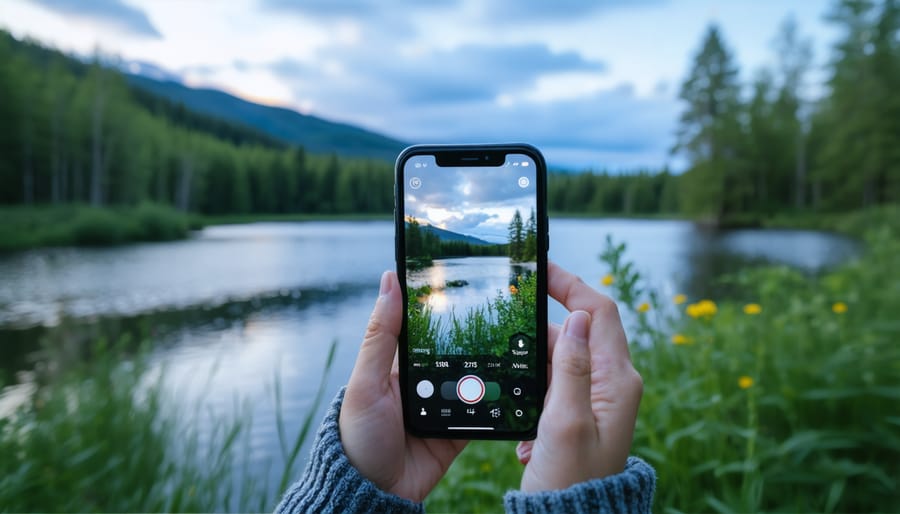 Hiker photographing autumn forest scenery with smartphone in Ontario park