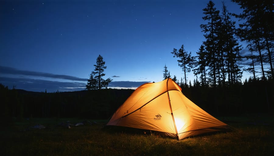 Glowing tent on rocky outcrop overlooking a misty lake at sunset