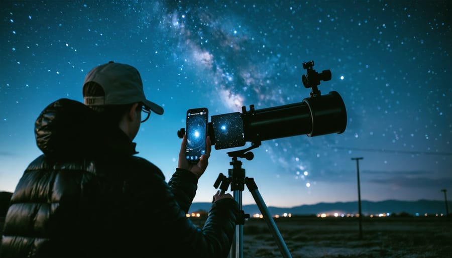 Stargazer using digital star map while preparing telescope equipment