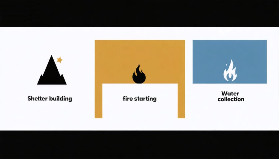 Triptych illustration of wilderness survival priorities: lean-to shelter, campfire, and water filtration
