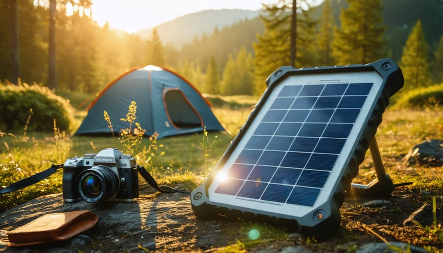 Camper using portable solar charger in outdoor setting