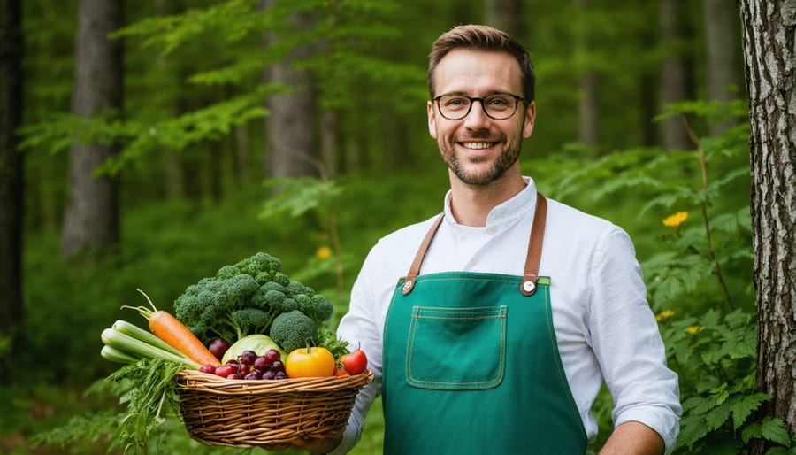 Person carefully harvesting wild mushrooms in misty forest setting