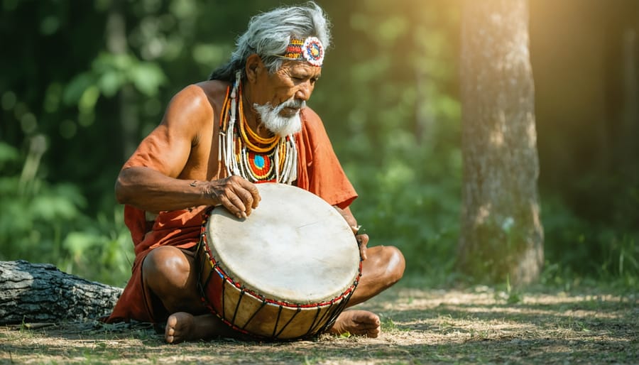 Indigenous elder playing a decorated hand drum in a forest clearing