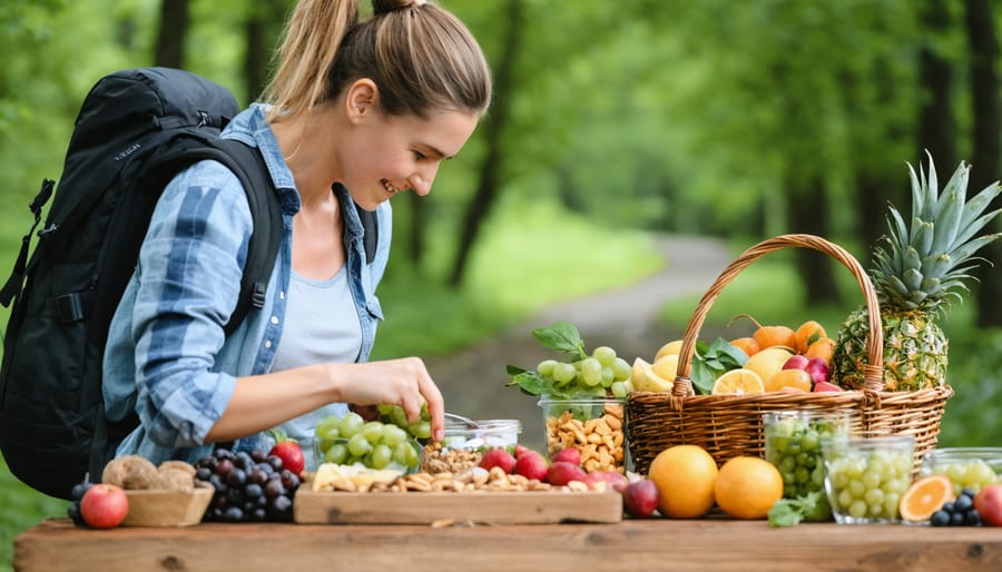 Mother preparing healthy trail snacks at outdoor picnic table