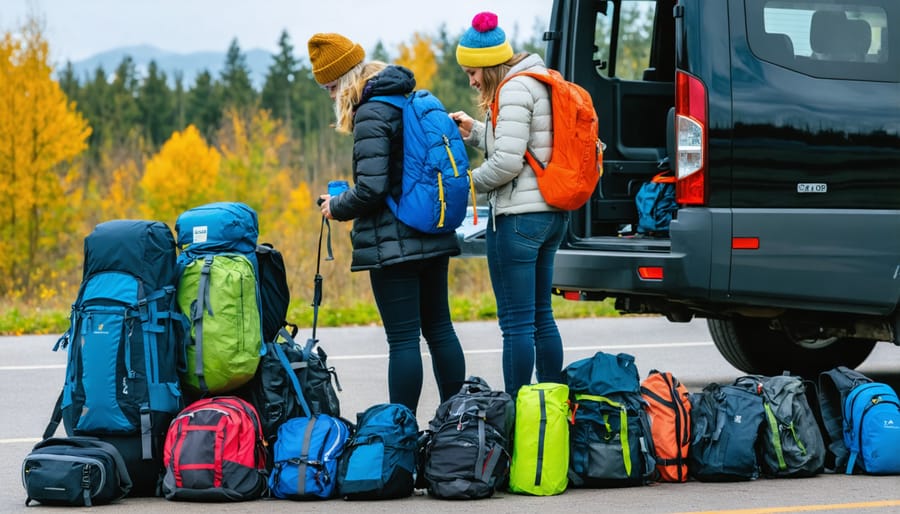 Hikers with backpacks waiting at park shuttle stop