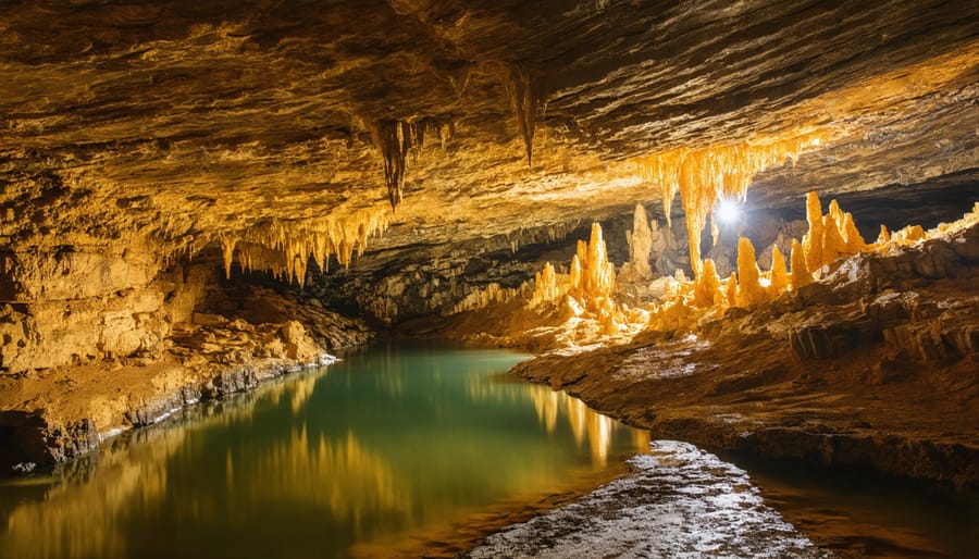 Crystal formations in underground mine cavern illuminated by headlamps