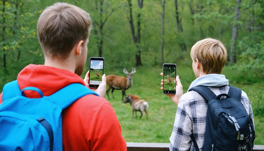 Group of park visitors using smartphones to access wildlife tracking information at a viewing station