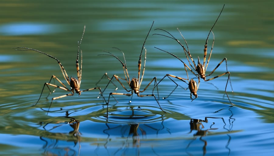 Water striders gliding across a calm pond surface, showing their characteristic leg positioning