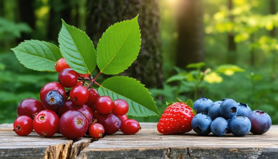 Close-up of wild edible berries growing along forest trail