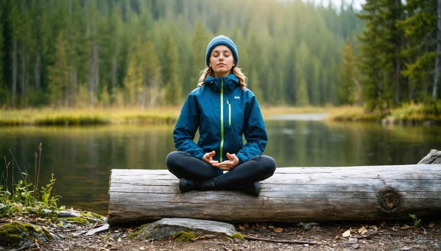 Individual demonstrating mindful breathing techniques in a forest environment