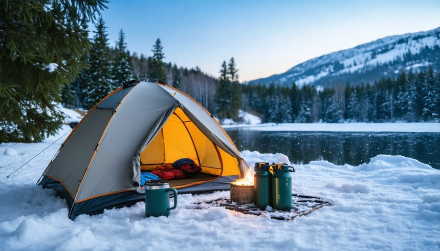 Four-season tent properly set up in snowy conditions with snow walls and proper ventilation