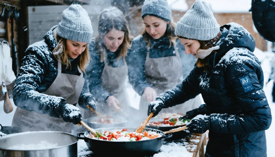 Group of people learning traditional winter cooking techniques in snowy Ontario park