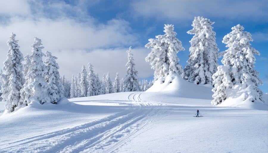 Snow-covered esker formations at sunset creating rolling winter terrain