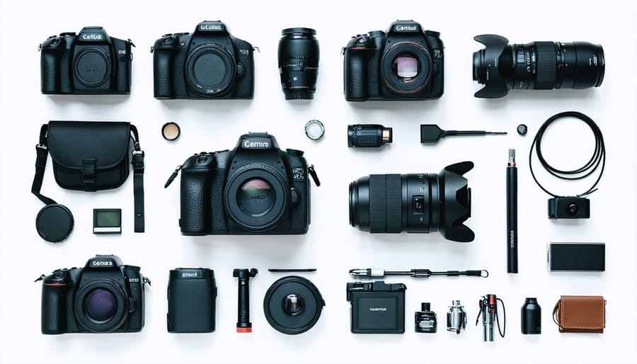Essential photography gear laid out including camera, lenses, tripod, filters, and weather protection