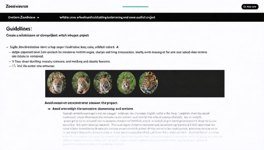 User interface of Zooniverse platform displaying wildlife photos and classification tools