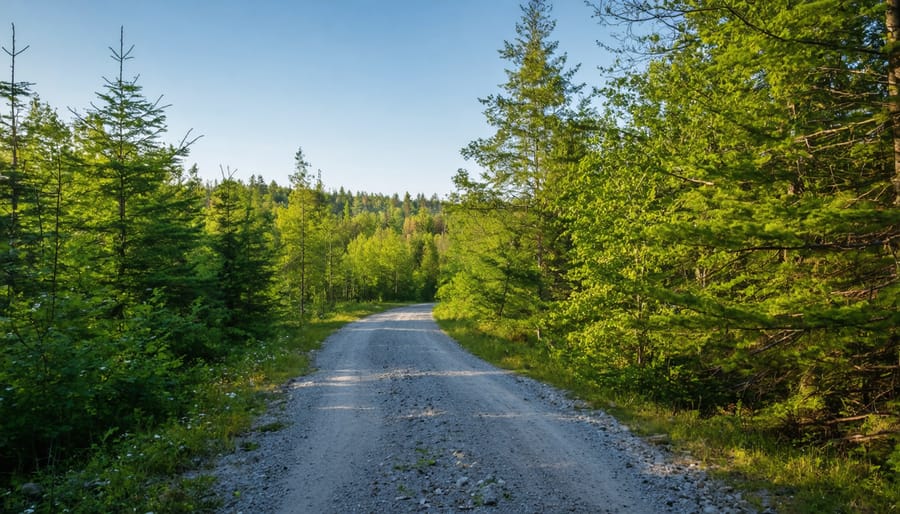Accessible wooden boardwalk trail with handrails winding through Ontario forest
