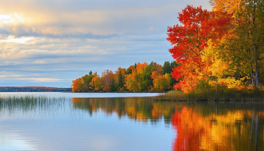 Vibrant autumn trees reflected perfectly in calm Ontario lake water during fall season