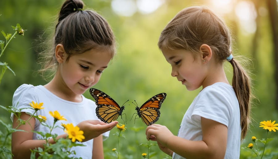 Child's hands carefully holding Monarch butterfly during summer butterfly count event