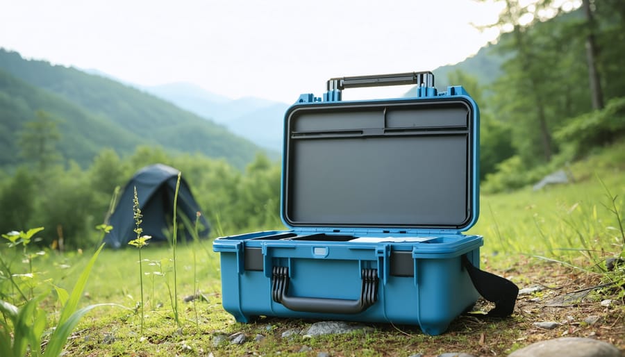 Camping setup showing smartphone with solar charger at wilderness campsite