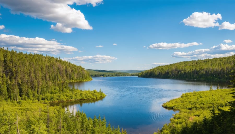 Scenic view of Fushimi Lake with clear water, rocky shore and forest