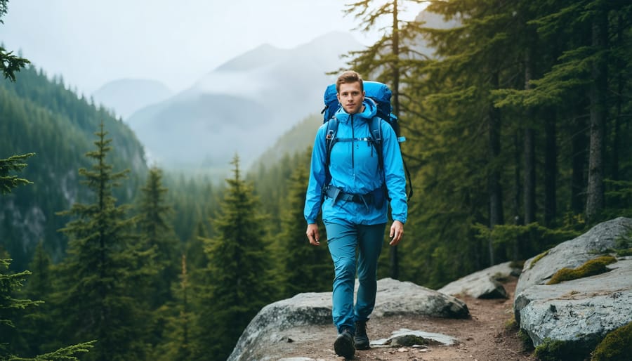 Female hiker checking smartphone for telehealth access while sitting on rock in forest