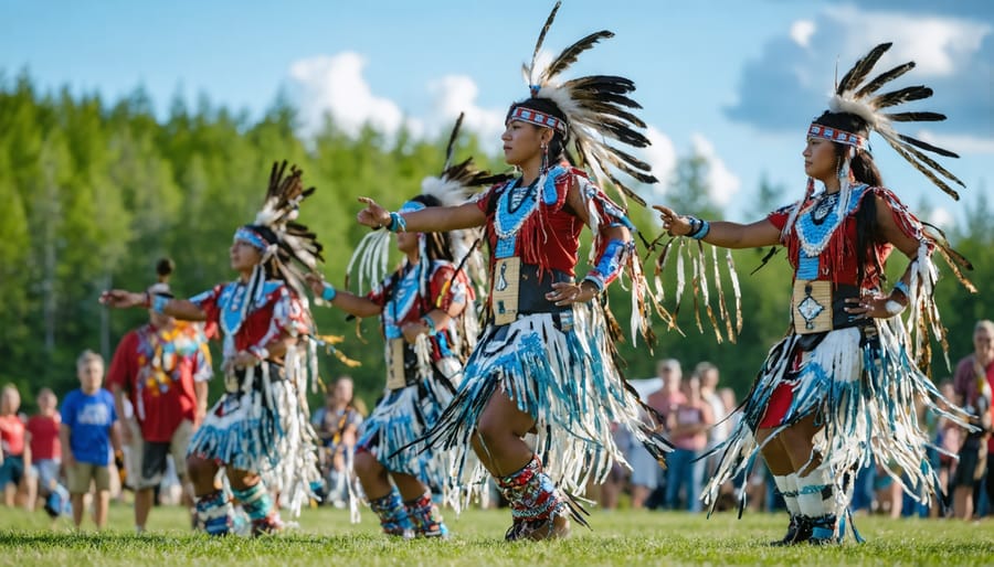Indigenous dancer in colorful jingle dress regalia performing at outdoor pow wow in park setting