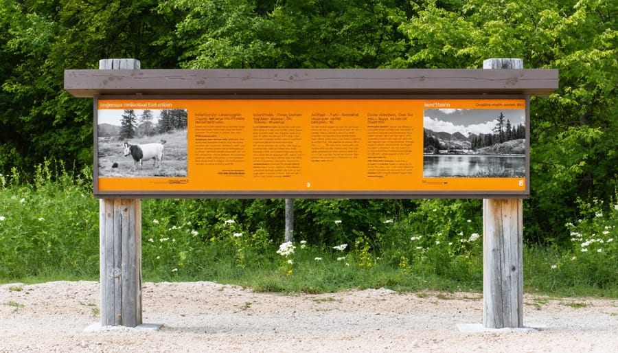 Wooden interpretive sign with Indigenous cultural carvings in an Ontario park setting