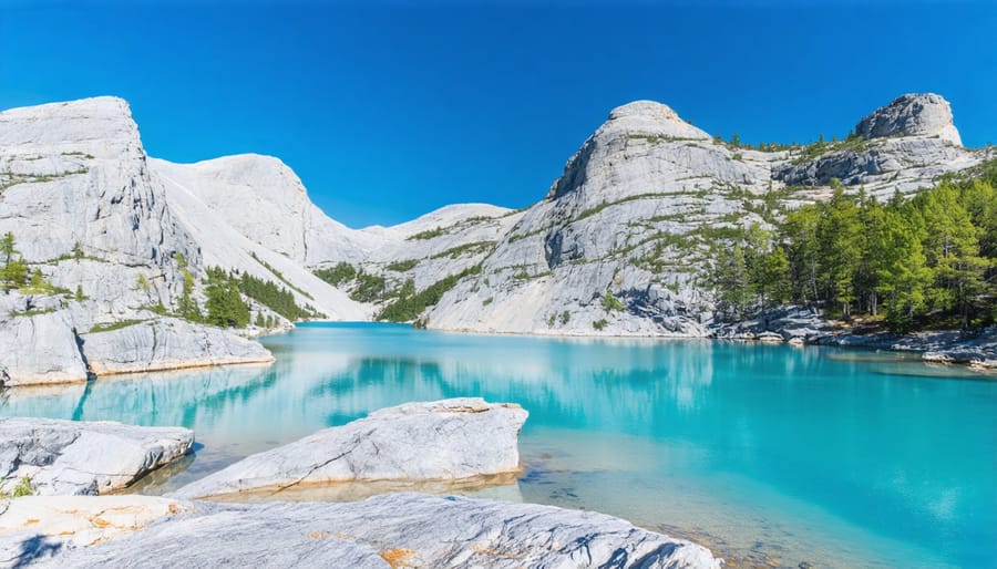 Scenic view of white quartzite cliffs and turquoise lake in Killarney Provincial Park
