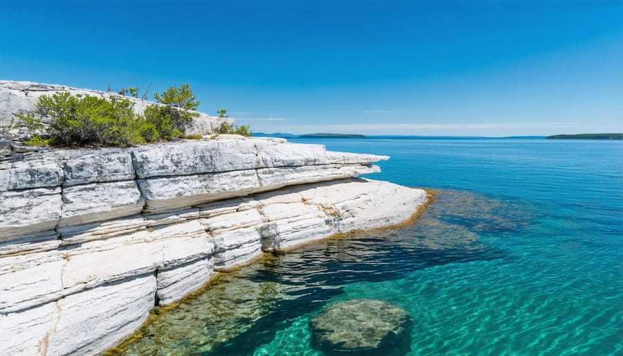 White quartzite rocks along turquoise Georgian Bay shoreline in Killarney Provincial Park