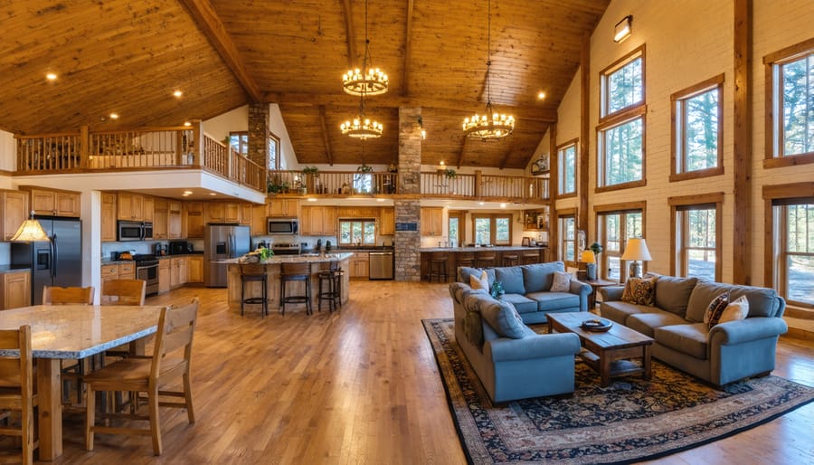 Interior of park lodge showing common area with fireplace, dining table, and comfortable seating