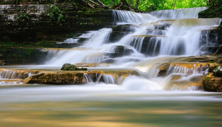 Long exposure photograph of waterfall with smooth silky water flowing over dark rocks