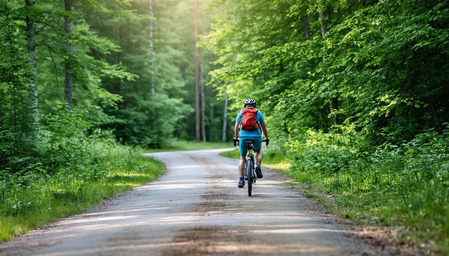 Cyclist riding mountain bike on paved road through forested Ontario park