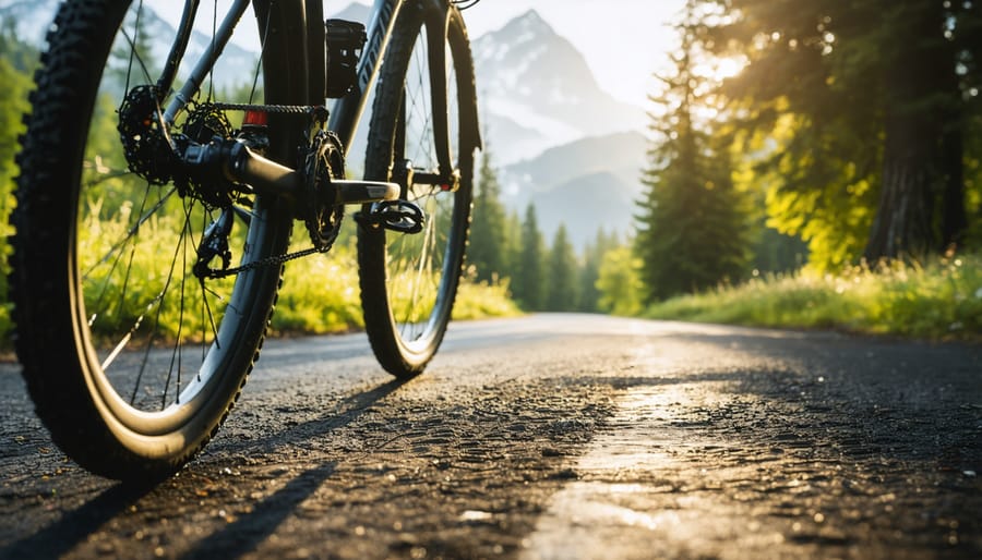Close-up of mountain bike tire on paved road with forest in background