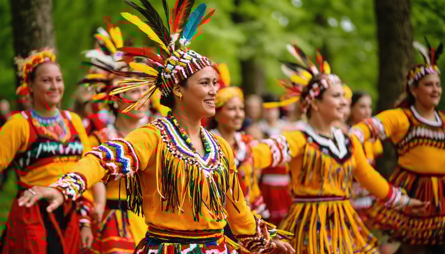 Diverse cultural dance performers in traditional costumes on outdoor stage with families watching in park