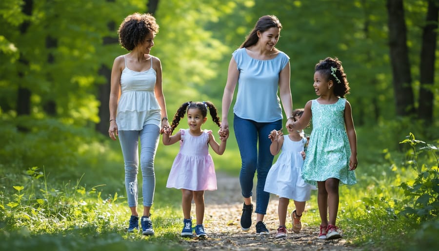 Multigenerational diverse family enjoying a nature walk on a wooden boardwalk in an Ontario park